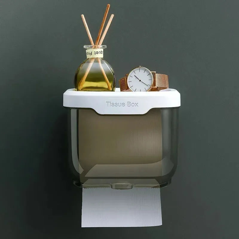 Wall Mounted Sticking Tissue Holder, Punch-free Toilet Paper Holder Box, Waterproof Napkin Shelf Organizer, Paper Towel Case, Mobile Phone Storage Shelf Tray, Kitchen Bathroom Tissue Dispenser