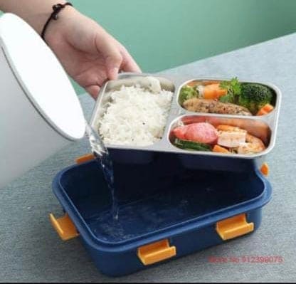 3 Compartment Bento Lunch Box, Portable 3 Grid Dividing Serving Plate, Camping Picnic Portable Plastic Food Fruit Storage Container, Bento Box For Kids, Student Sealed Lunch Box, Stainless Steel Outdoor Food Containeri
