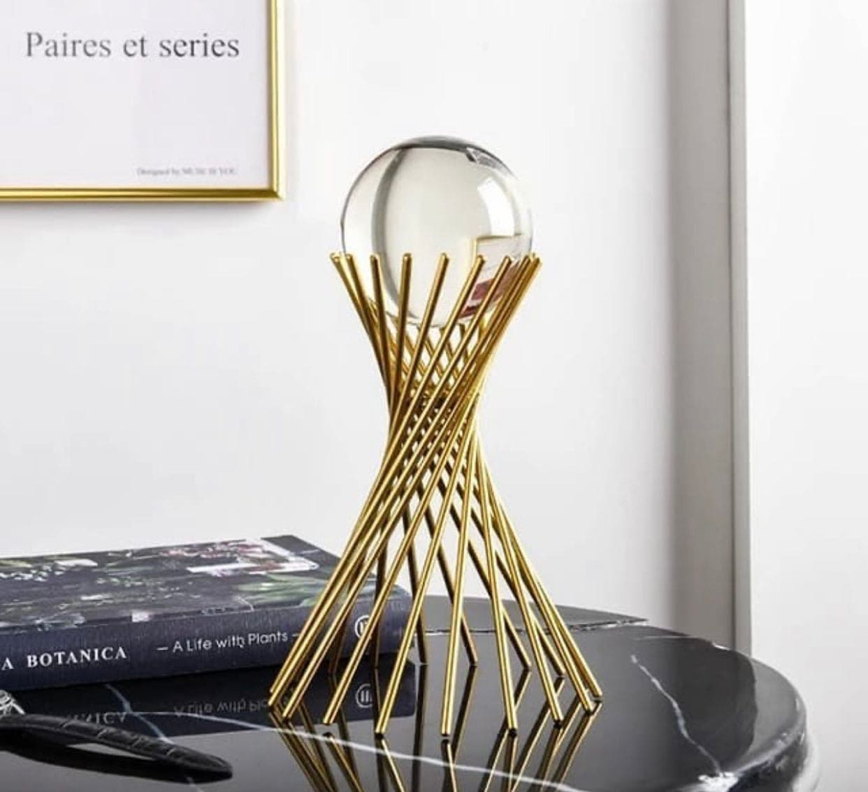 Golden Iron Crystal Ball With Geometric Metal Brass Stand, Ornament Desk Statue Sculptor Decor