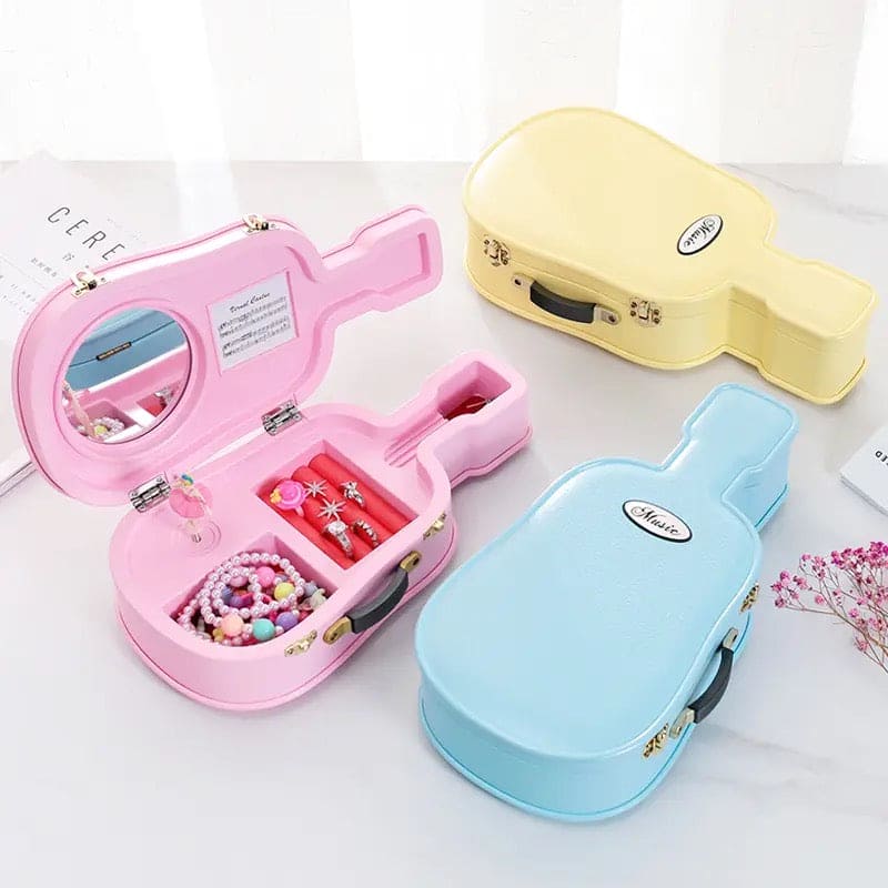 Guitar Music Storage Box, Violin Music Jewelry Box, Creative Suitcase Style Music Jewelry Cosmetics Storage Box, Rotating Ballerina Girl Toy For Kid, Guitar Violin Dancing, Student Leather Children Girl Jewellery Box