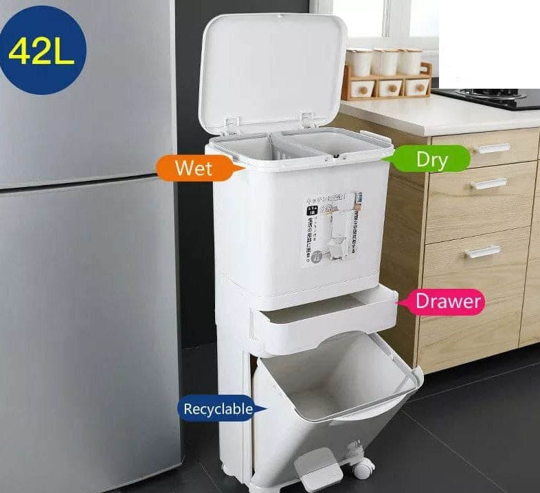 3 Layer Trash Bin, Kitchen Gargabe Can, Recyclable Vertical Trash Cabinet, Household Waste Bin With Wheels, Large Plastic Cube Storage Bins Basket With Lid, Household Classification Bucket, 42L Three-layer Kitchen Separation Trash Can