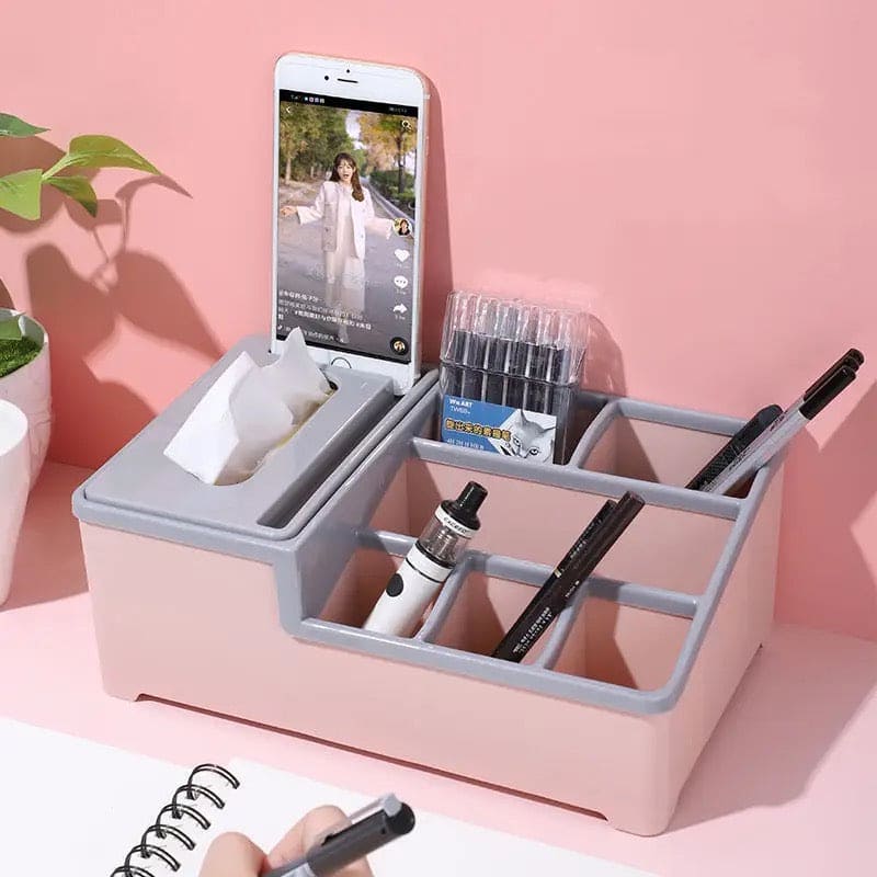 Desktop Plastic Napkin Holder, Multifunctional Tissue Storage Box Cover, Stationery Make Up Organizer for Bedroom Bathroom, Multifunctional Tissue Box Phone Holder Stand, Wipes Case Desk Organizer