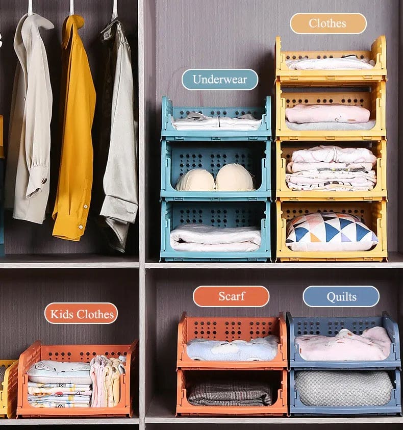1 Pcs New Stacking Wardrobe, Foldable Clothes Storage Rack, Kitchen Gap Organizer Shelf, Toy Snack Book Storage Basket Closet Storage Bin, Wardrobe Shelf Drawer Organizer, Clothes Pants Drawer Separation Storage Box, Plastic Layered Storage Rack