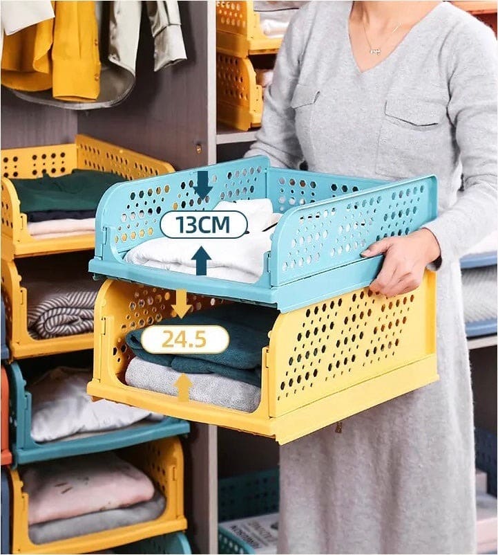 1 Pcs New Stacking Wardrobe, Foldable Clothes Storage Rack, Kitchen Gap Organizer Shelf, Toy Snack Book Storage Basket Closet Storage Bin, Wardrobe Shelf Drawer Organizer, Clothes Pants Drawer Separation Storage Box, Plastic Layered Storage Rack