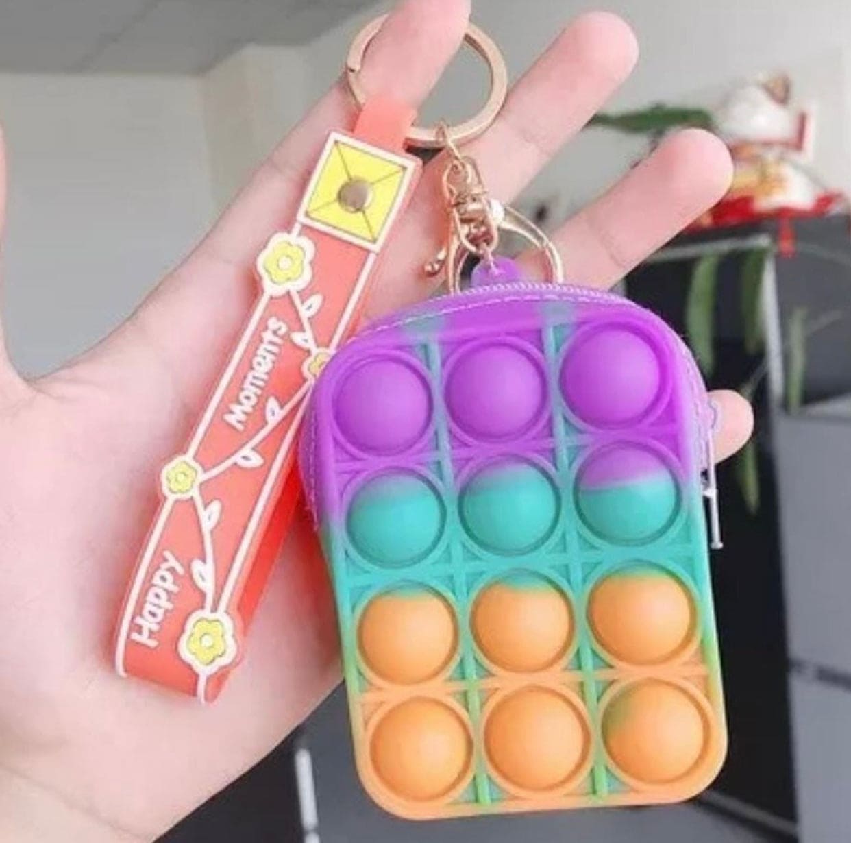 Creative Silicon Decompression Pop Its Bubble Fidget Toy Keychain, Simple Dimple Anti-stress Rainbow Coin Purse Keychain, Anti stress Sensory Toy Key Chain