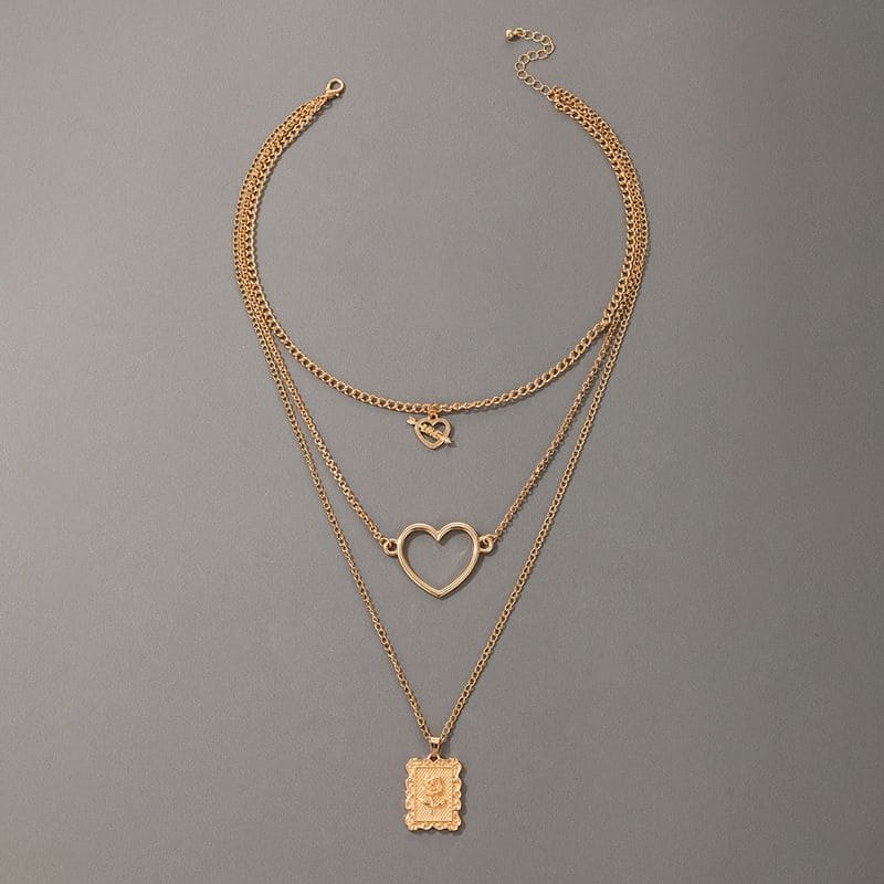 Three Chain Long Necklace, Heart Charms Long Chain Necklace, Multilayer Cute Pink Crystal Heart Charms Metal Long Necklace