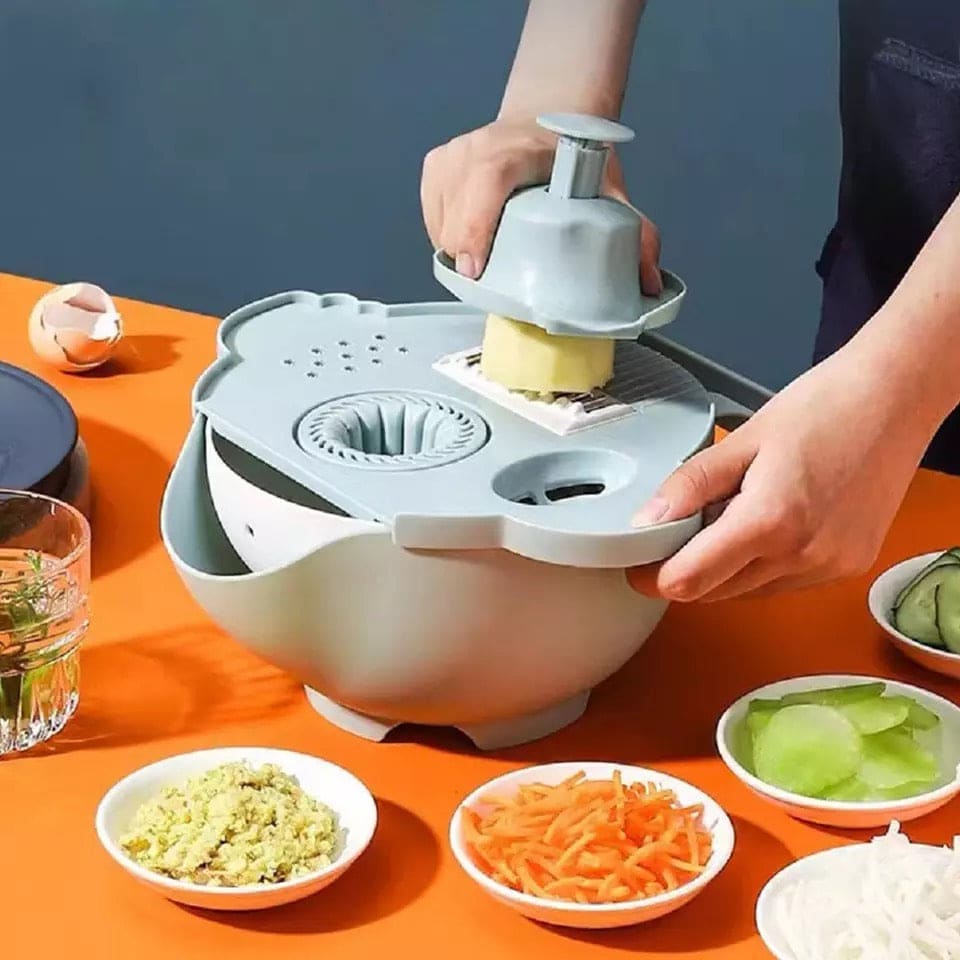 Multifunctional 9 In 1 Vegetable Cutter with Drain Basket Magic Rotate  Kitchen Tool Portable Slicer Chopper Grater Shredder Kitchen Accessories