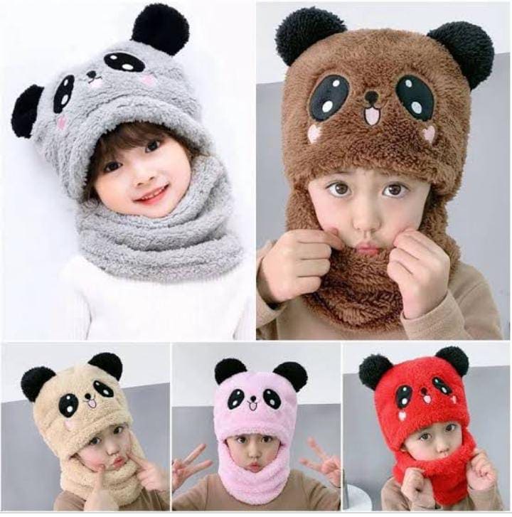 2 Pcs Premium Quality Winter Cute Children Cartoon Scarf Hats, Hooded Scarf Caps, Baby Stuff Winter hat Plus Fleece Kids Caps, Cartoon Hat For Girls Boys Scarf, Baby Hat Bonnet Beanie