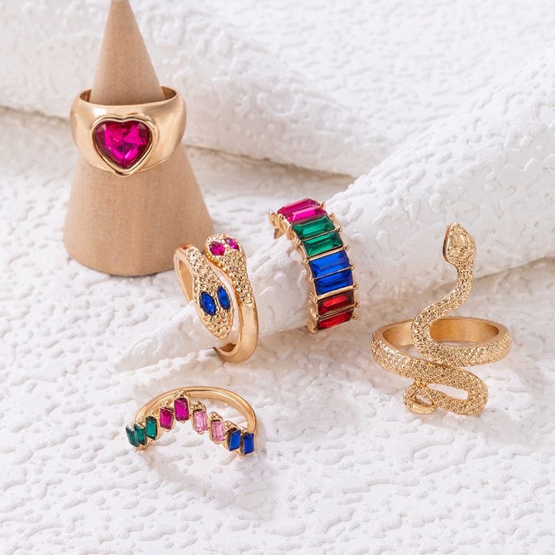 Multicolor Stone Heart Snake Ring Set For Women, Colorful Crystal Stone Snake Joint Ring Sets