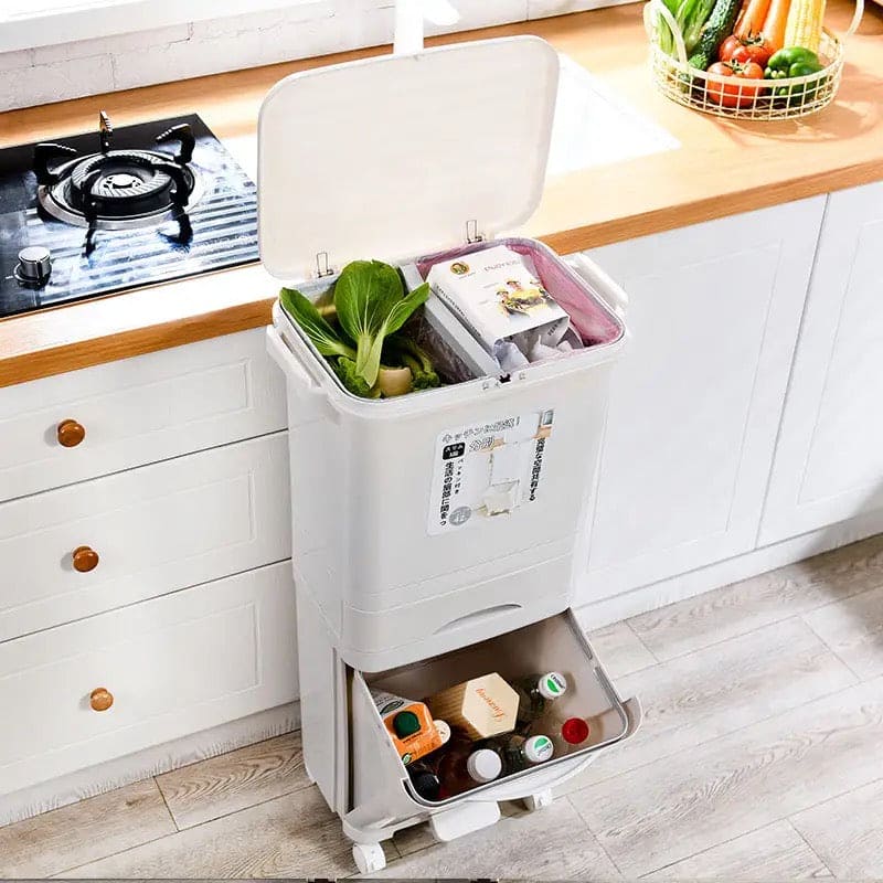 3 Layer Trash Bin, Kitchen Gargabe Can, Recyclable Vertical Trash Cabinet, Household Waste Bin With Wheels, Large Plastic Cube Storage Bins Basket With Lid, Household Classification Bucket, 42L Three-layer Kitchen Separation Trash Can