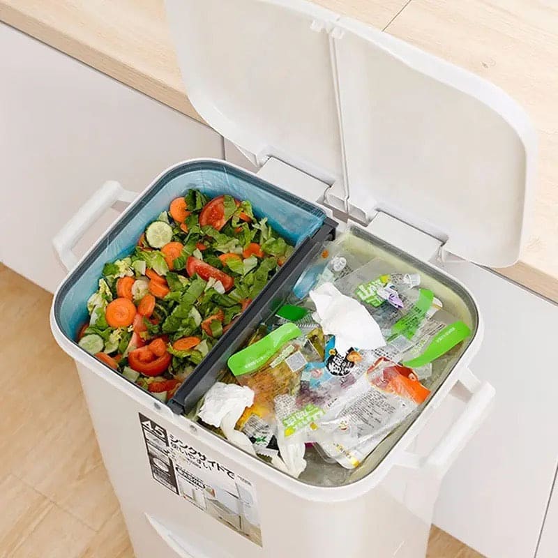 3 Layer Trash Bin, Kitchen Gargabe Can, Recyclable Vertical Trash Cabinet, Household Waste Bin With Wheels, Large Plastic Cube Storage Bins Basket With Lid, Household Classification Bucket, 42L Three-layer Kitchen Separation Trash Can