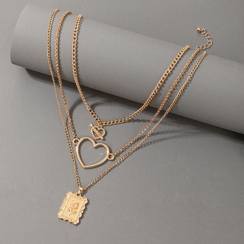 Three Chain Long Necklace, Heart Charms Long Chain Necklace, Multilayer Cute Pink Crystal Heart Charms Metal Long Necklace