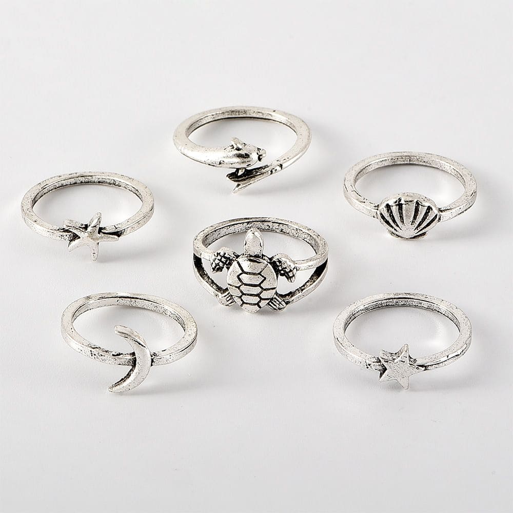 Set Of 6 Vintage Turtle Moon Stars Shell Dolphin Joint Ring, Bohemian Beach Ring Set, Fashion Wave Shell Fishtail Irregular Rings for Women, Geometric Knuckle Rings Set, Creative Ocean Jewellery