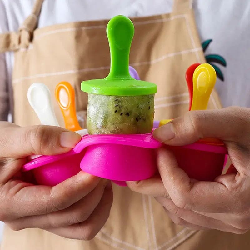 Silicone 7 Grids Fruit Shake Ice Cream Maker Mold, Silicon Popsicle Mold Tray, Portable Ice Cream Container, Fruit Shake Cream Ball Lolly Maker, Multi-Purpose Popsicle Mold, Baby Food Mold Popsicle Stick