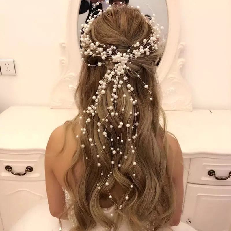 Pearl Hair Chain For Women, Girl Tassel Flower Tiara Headband Ponytail, Bridal Wedding Tiaras Hand Beaded Long Wreaths Hair Bands, Headdress Mori Pearl Hair Band, Wedding Accessories