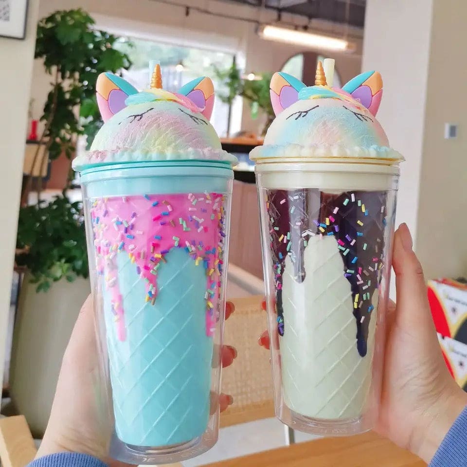 Unicorn Popsicle Cup, Double-layer Plastic Straw Mug, Lovely High Appearance Water Cup With Cover, Unicorn Sippy Coffee Cup, Portable Popsicle Cup