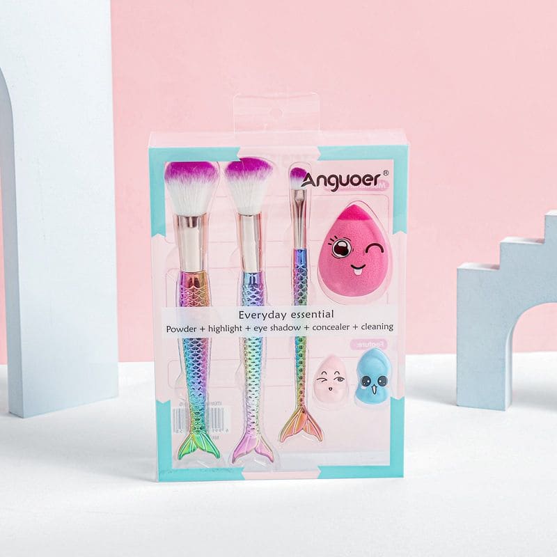 Mermaid Makeup Brush Set With Blender, Fishtail Beauty Brush, 3D Mermaid Colorful Handle Makeup Brush Set, Eyeliner Blush Brush