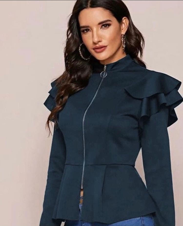 Stylish Winter Zip Up Ruffle Trim Peplum Jacket Cool Winter Jacket Zip Up Peplum Jacket