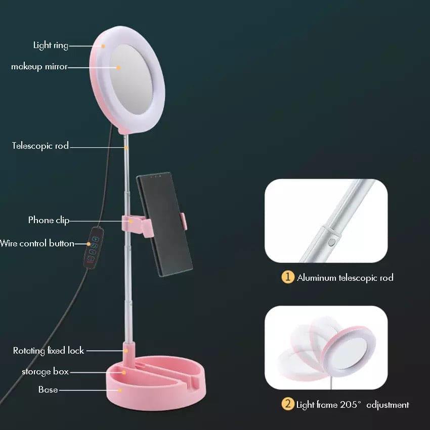 Foldable Selfie Stick Ring Light Tripod For Phone With Mirror, Mobile Live Bracket Led Light, Portable Desktop Lamp Photography Props LED For Phone, Beauty Selfie Stick With Light