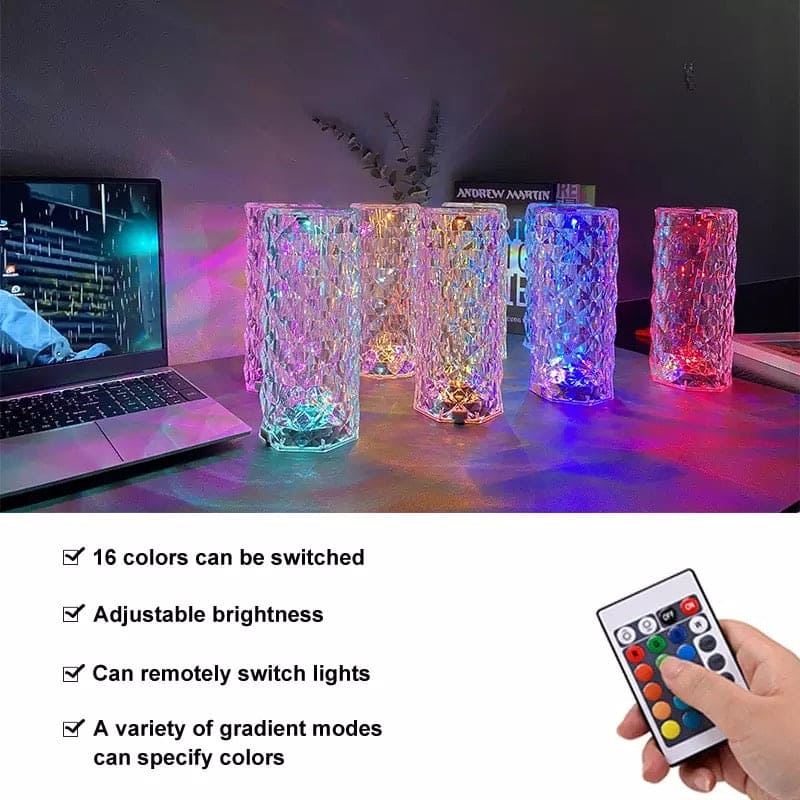 Rose Crystal Rechargeable Table Lamp, Diamond Touch Sensor Battery Desk Lamp, LED Romantic Desk Light, RGB Remote Control Night Light Projection Table Lamp