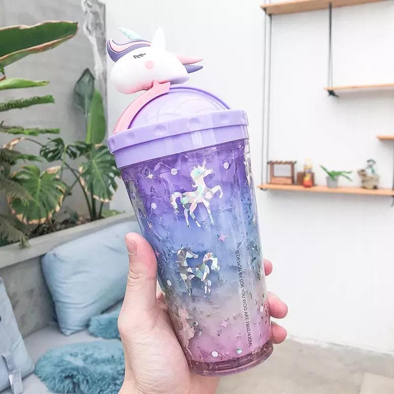 1pc Cartoon Unicorn Push-up Lid Plastic Straw Cup