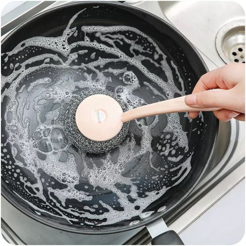 Set Of Three Steel Vool Brush, Long Handle Brush Set, Washing Pot Brush, Artifact Cleaning Steel Wire Ball Dishwashing Brush, Kitchen Cleaning Brush