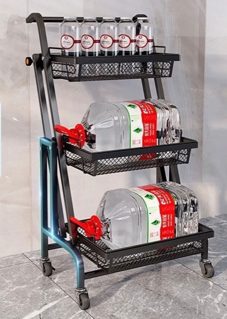 Kitchen Folding Floor Trolley, Mobile Multilayer Snack Draining Storage Rack, 180 Degree Extension Parallel Trolley