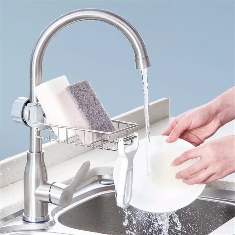 Faucet Drain Rack, Stainless Steel Sponge Storage Rack, Sink Item Storage Basket, Soap Holder Hanging Rack, Kitchen Storage Shelf Sponge Dish Cloth Finishing Rack