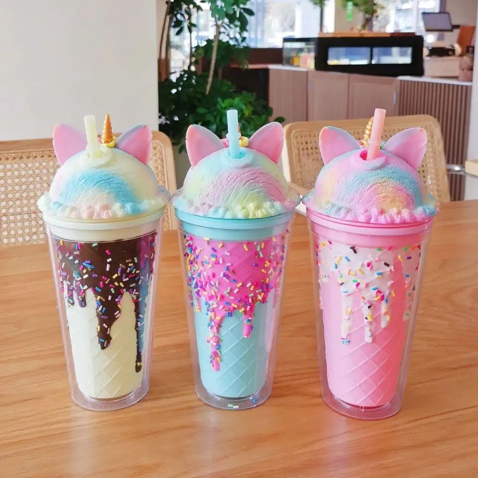 Unicorn Popsicle Cup, Double-layer Plastic Straw Mug, Lovely High Appearance Water Cup With Cover, Unicorn Sippy Coffee Cup, Portable Popsicle Cup