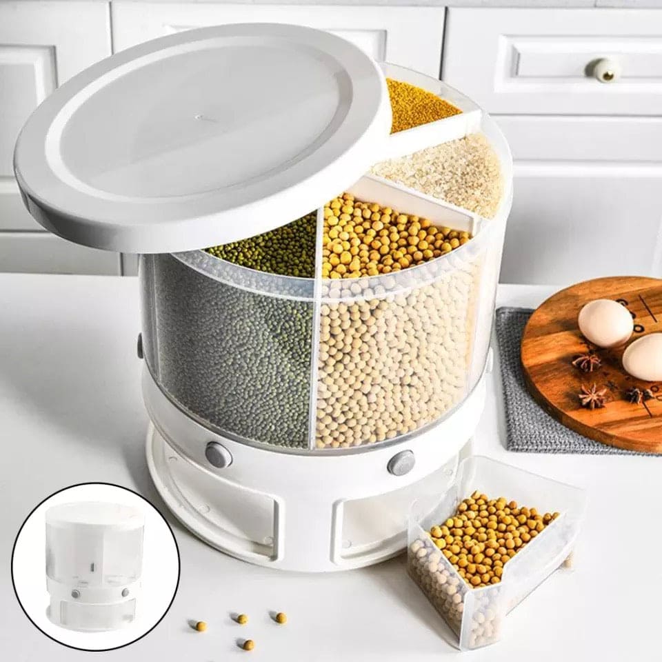 Large Capacity 6 Grids Grain Cereals Storage Container, Rotating Can For Bulk Cereals, Moisture Insect Proof Grain Organizer, Rotating Storage Container For Rice Nuts Beans, Dry Snacks Rice Bucket