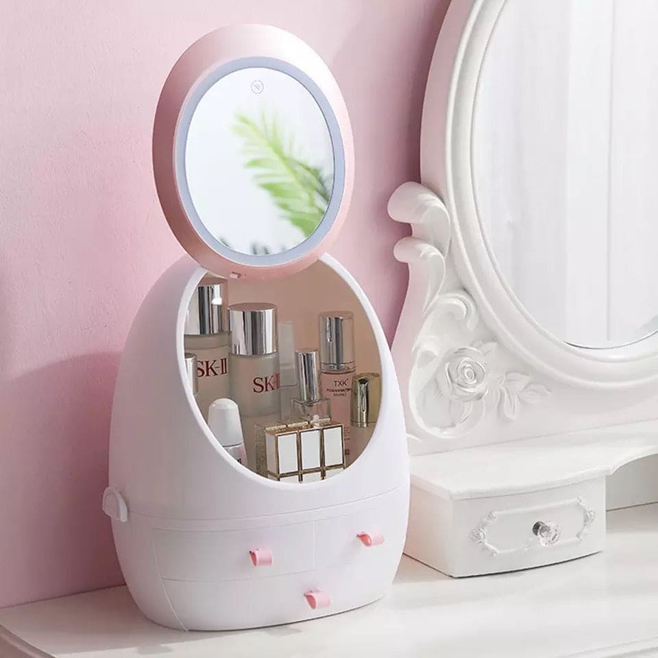 Oval Mirror Cosmetic Storage Organizer, LED Light Makeup Storage