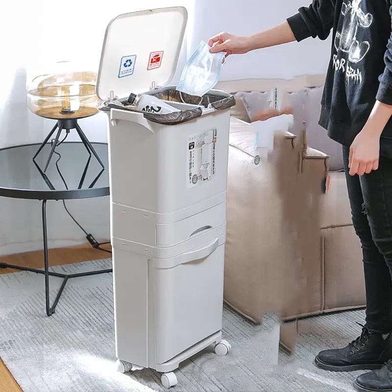 3 Layer Trash Bin, Kitchen Gargabe Can, Recyclable Vertical Trash Cabinet, Household Waste Bin With Wheels, Large Plastic Cube Storage Bins Basket With Lid, Household Classification Bucket, 42L Three-layer Kitchen Separation Trash Can