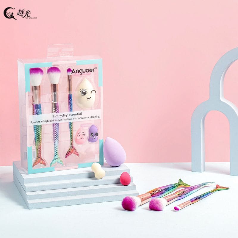 Mermaid Makeup Brush Set With Blender, Fishtail Beauty Brush, 3D Mermaid Colorful Handle Makeup Brush Set, Eyeliner Blush Brush