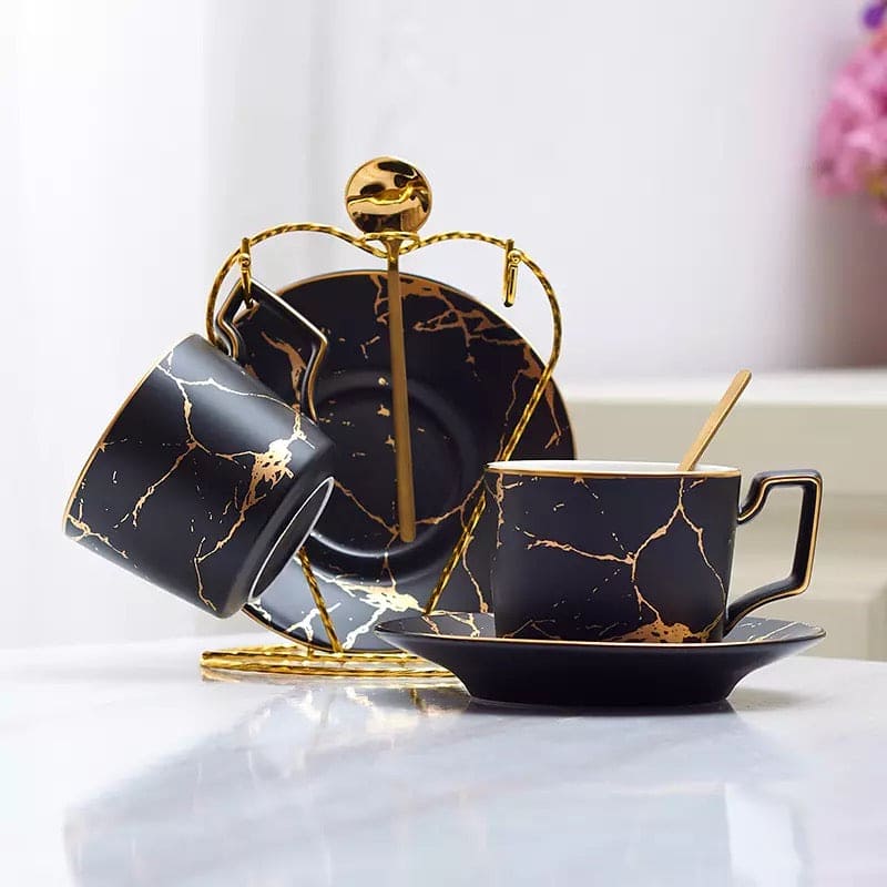 200ml Luxury Marble Ceramic Coffee Cups And Saucers Set With Gold