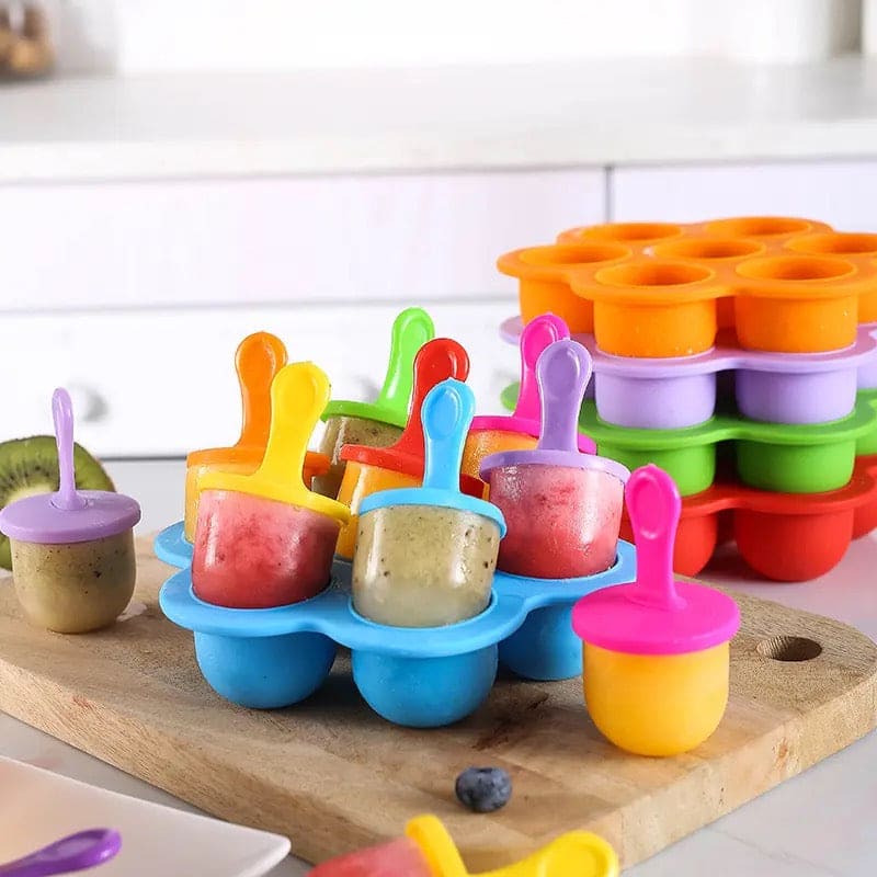 Silicone 7 Grids Fruit Shake Ice Cream Maker Mold, Silicon Popsicle Mold Tray, Portable Ice Cream Container, Fruit Shake Cream Ball Lolly Maker, Multi-Purpose Popsicle Mold, Baby Food Mold Popsicle Stick