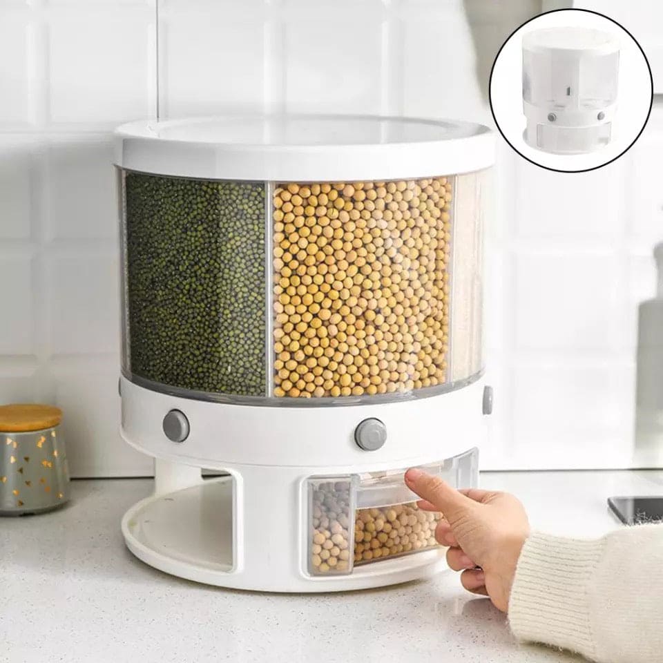 Large Capacity 6 Grids Grain Cereals Storage Container, Rotating Can For Bulk Cereals, Moisture Insect Proof Grain Organizer, Rotating Storage Container For Rice Nuts Beans, Dry Snacks Rice Bucket