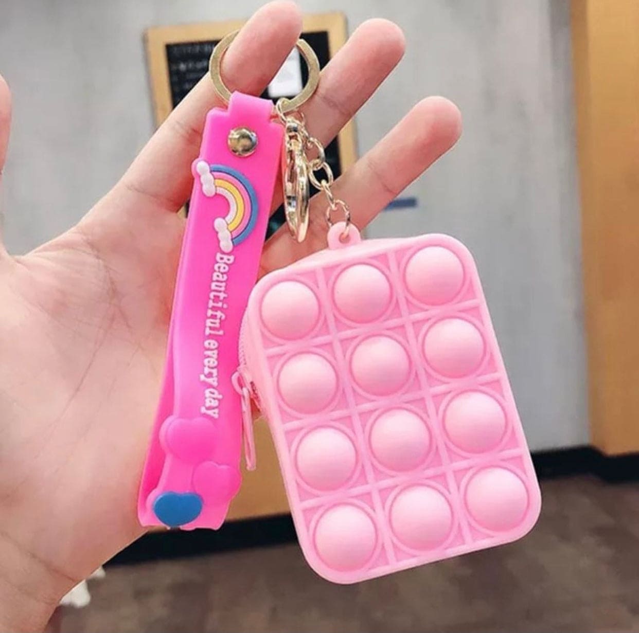 Creative Silicon Decompression Pop Its Bubble Fidget Toy Keychain, Simple Dimple Anti-stress Rainbow Coin Purse Keychain, Anti stress Sensory Toy Key Chain