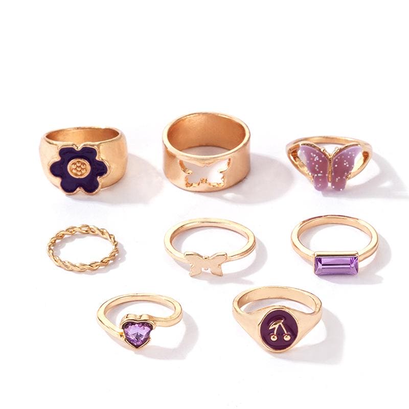 Set Of 5 Colorful Acrylic Butterfly Ring Sets For Women, Pretty Flowers Hollow Geometry Wedding Ring, Vintage Knuckle Rings Set, Stackable Finger Rings, Midi Rings For Women Jewellery
