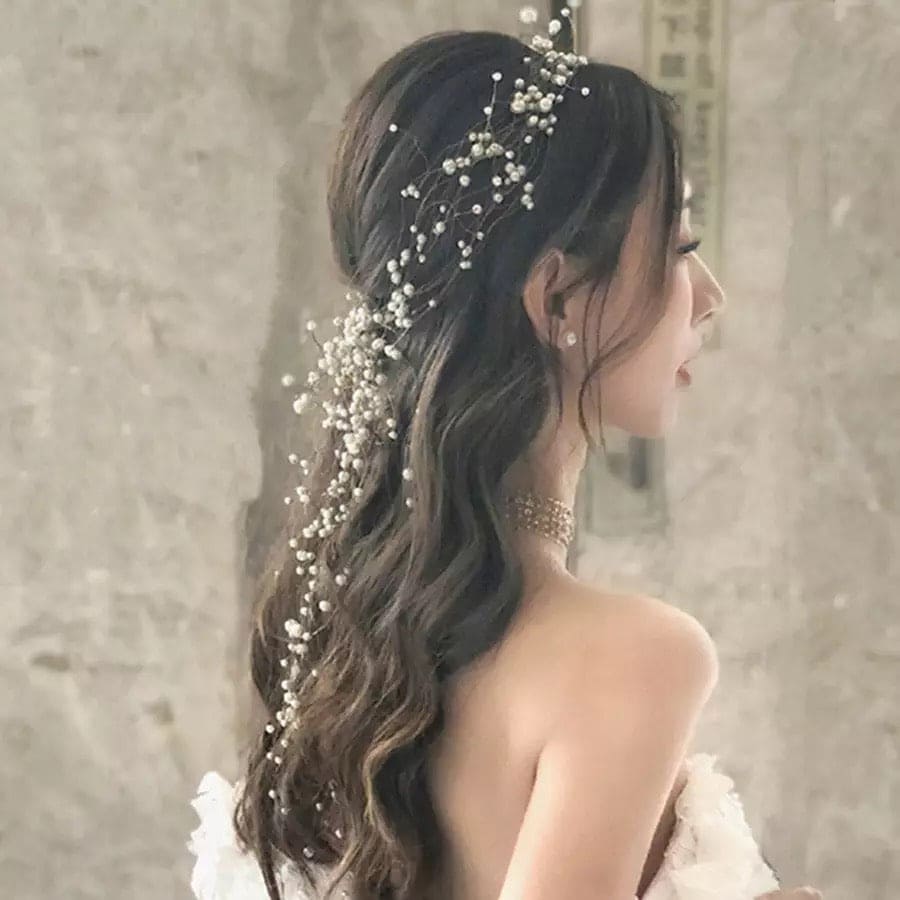 Pearl Hair Chain For Women, Girl Tassel Flower Tiara Headband Ponytail, Bridal Wedding Tiaras Hand Beaded Long Wreaths Hair Bands, Headdress Mori Pearl Hair Band, Wedding Accessories