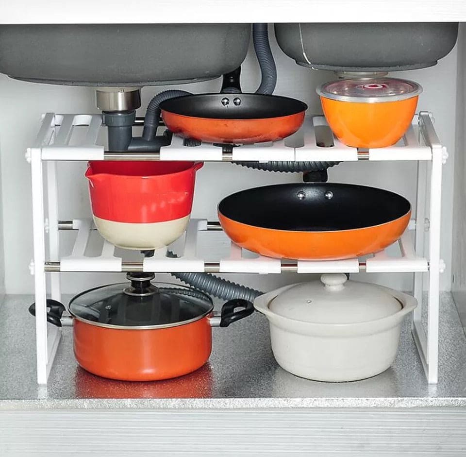 Double Layer Metal Adjustable Under Sink Shelf, Multifunction Utensils Holder, Kitchen Stainless Steel Floor Type Adjustable Rack, 2 Layer Extendable Dishes Storage Under Sink Rack Double Layer Metal Adjustable Under Sink Shelf, Multifunction Utensils Holder, Kitchen Stainless Steel Floor Type Adjustable Rack, 2 Layer Extendable Dishes Storage Under Sink Rack