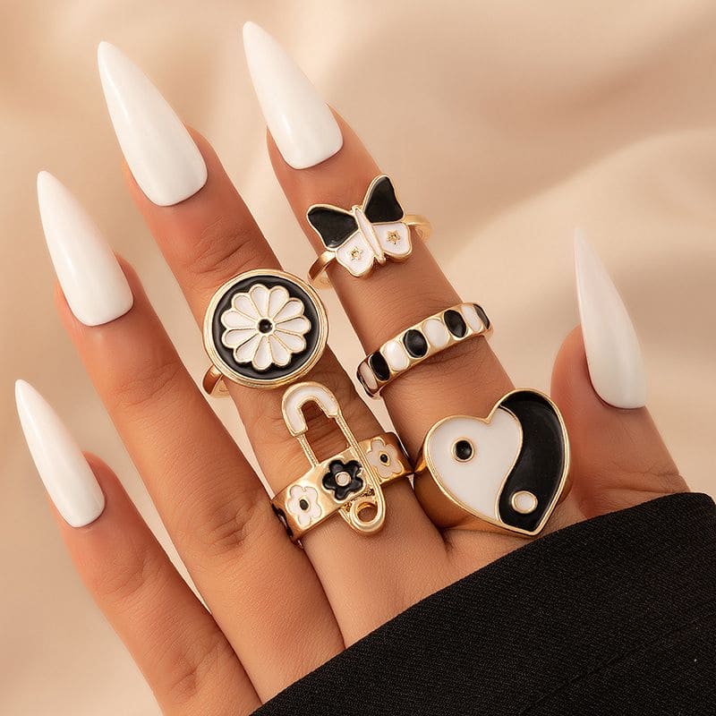 Set Of 5 Heart Ring Set, Women Finger Jewelry, Geometric Rings Sets, Vintage Knuckle Rings Set, Stackable Finger Rings, Midi Rings For Women Fashion Metal Heart Rings