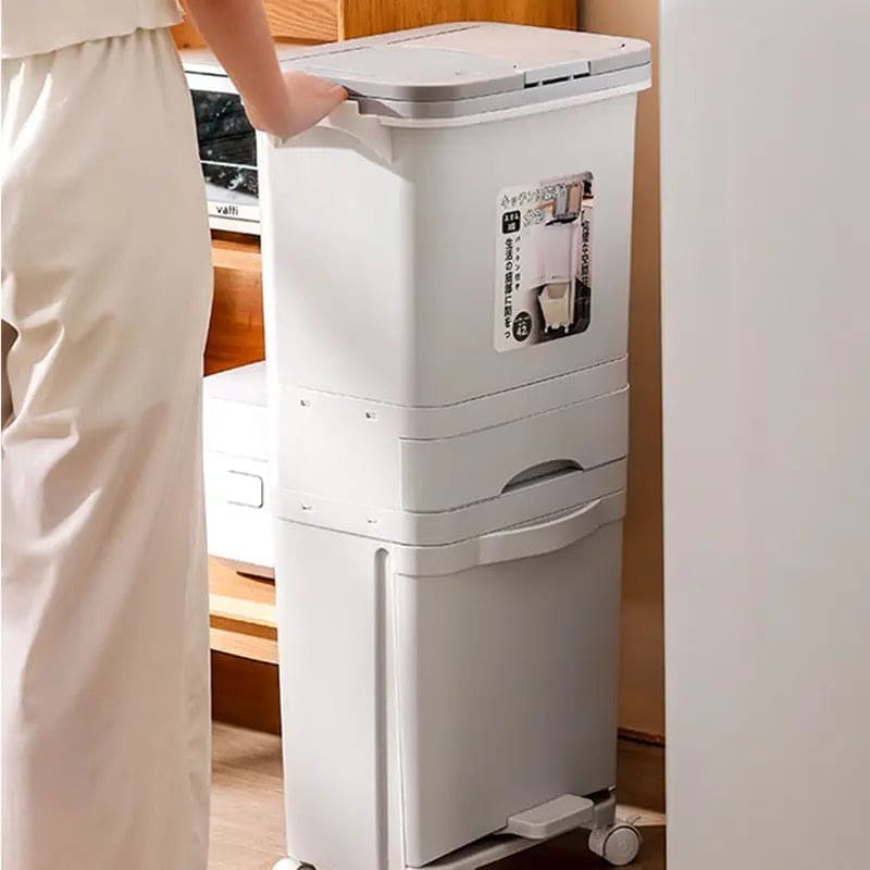 3 Layer Trash Bin, Kitchen Gargabe Can, Recyclable Vertical Trash Cabinet, Household Waste Bin With Wheels, Large Plastic Cube Storage Bins Basket With Lid, Household Classification Bucket, 42L Three-layer Kitchen Separation Trash Can