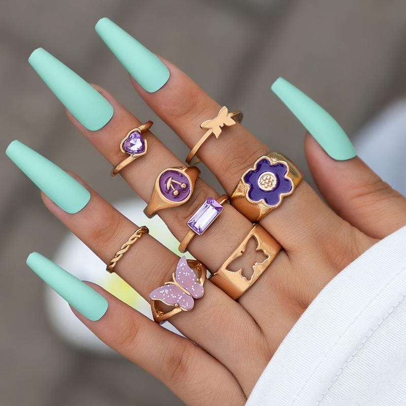 Set Of 5 Colorful Acrylic Butterfly Ring Sets For Women, Pretty Flowers Hollow Geometry Wedding Ring, Vintage Knuckle Rings Set, Stackable Finger Rings, Midi Rings For Women Jewellery