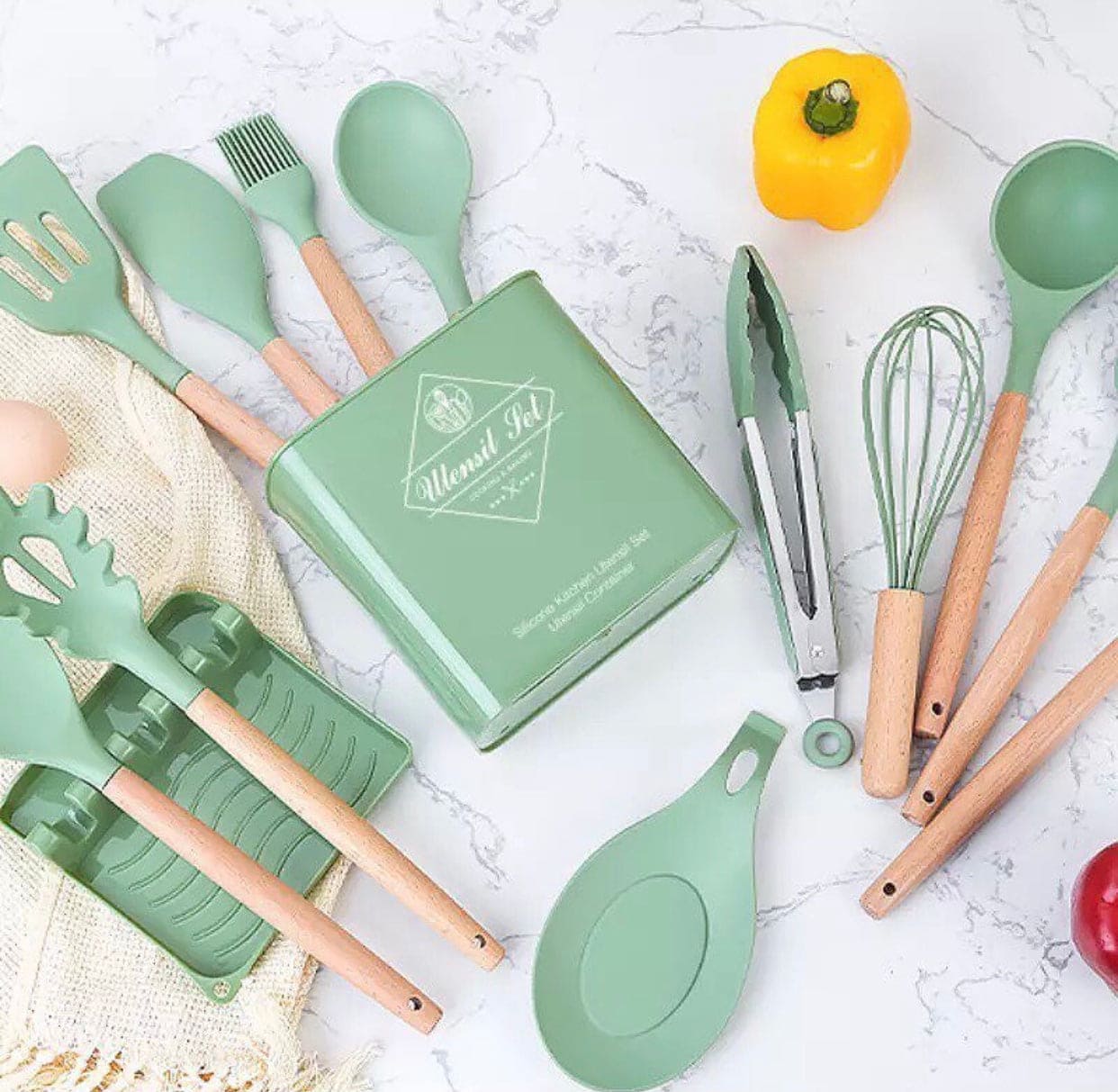 Silicone Cooking Utensils Set - Heat Resistant Kitchen Utensils, 19 Pieces  Kitchen Utensil Set, Light Green