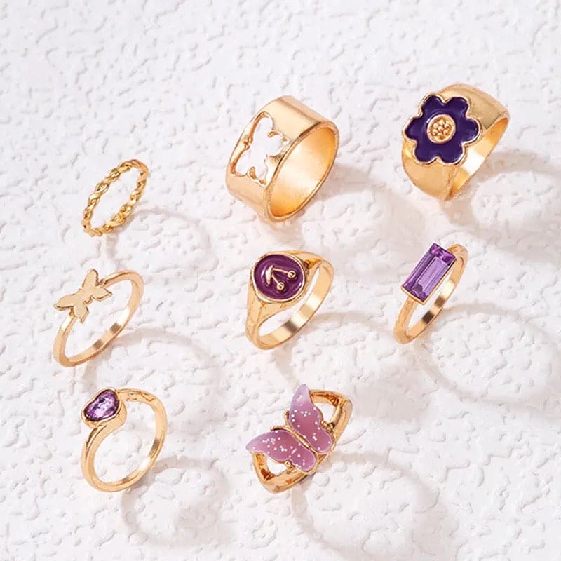 Set Of 5 Colorful Acrylic Butterfly Ring Sets For Women, Pretty Flowers Hollow Geometry Wedding Ring, Vintage Knuckle Rings Set, Stackable Finger Rings, Midi Rings For Women Jewellery
