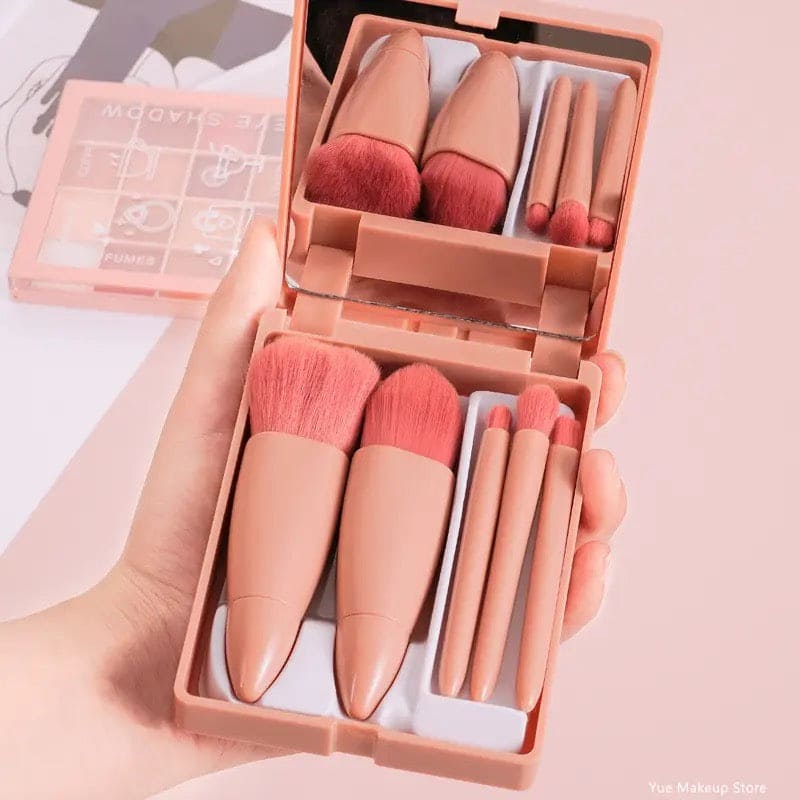 5 Pcs Mini Travel Makeup Brush Set, Portable Makeup Brush Box With Mirror, Giant Soft Loose Powder Blush Eye Shadow Cosmetic Brushes, Mini Makeup Brush, Reusable Artificial Fibers Eyeshadow Beauty Makeup Brush, Portable Blush Brush, Concealer Brush