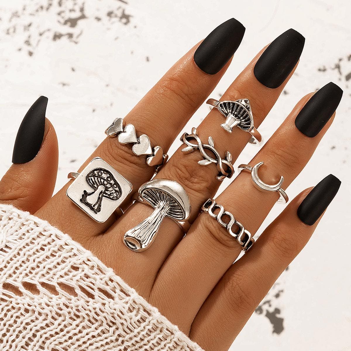 Set Of 7 Vintage Goth Mushroom Rings For Women, Mushroom Heart Leaves Rings, Stackable Finger Rings, Midi Rings For Women Fashion Jewellery