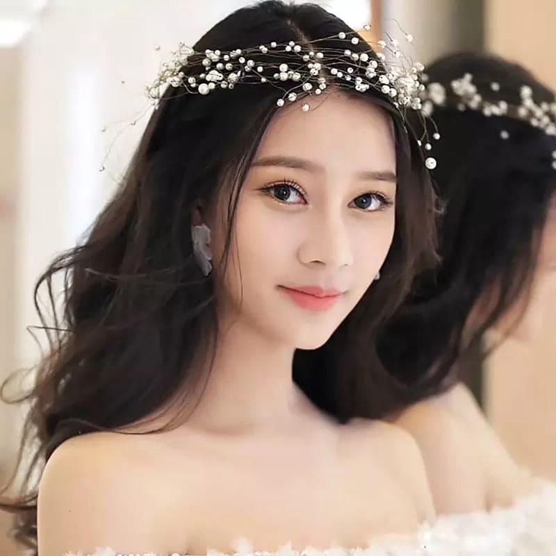 Pearl Hair Chain For Women, Girl Tassel Flower Tiara Headband Ponytail, Bridal Wedding Tiaras Hand Beaded Long Wreaths Hair Bands, Headdress Mori Pearl Hair Band, Wedding Accessories