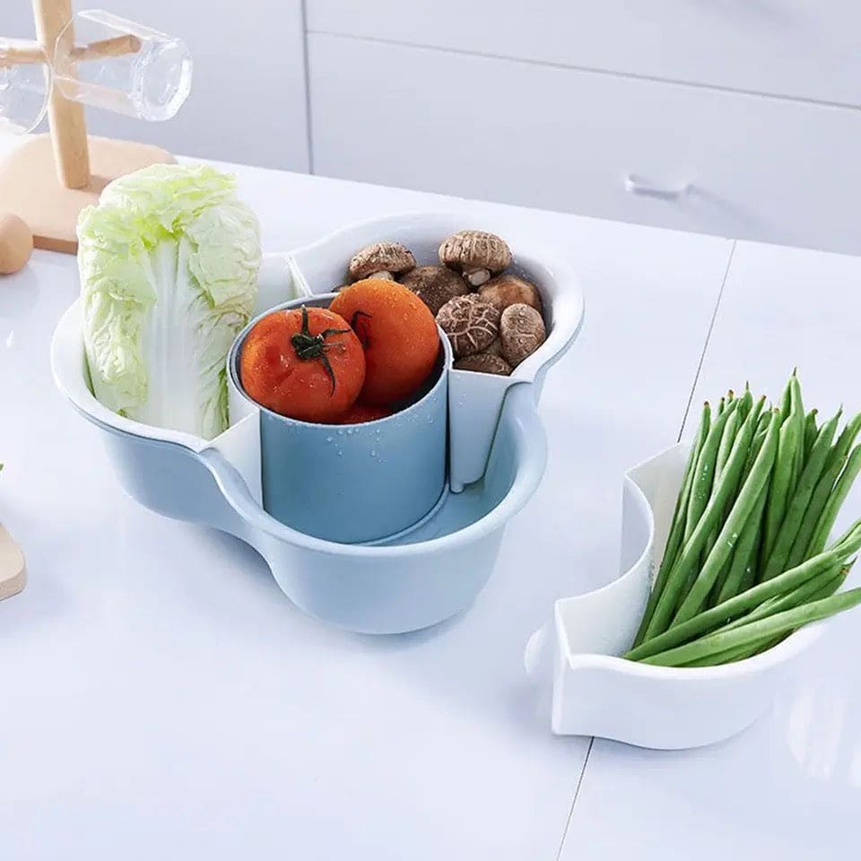 Mickey Shaped Vegetable Basket, 4 Compartments Wash Basin Basket, Creative Household Wash Basket, Double Multi Grid Basket, Fruit Tray Drain Basket