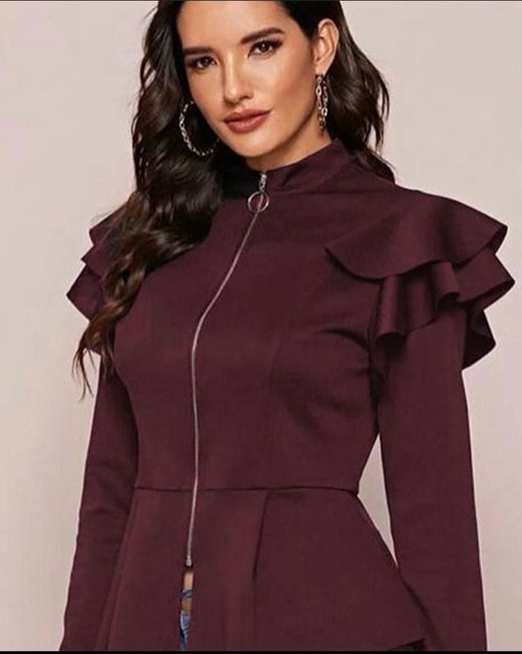 Stylish Winter Zip Up Ruffle Trim Peplum Jacket Cool Winter Jacket Zip Up Peplum Jacket